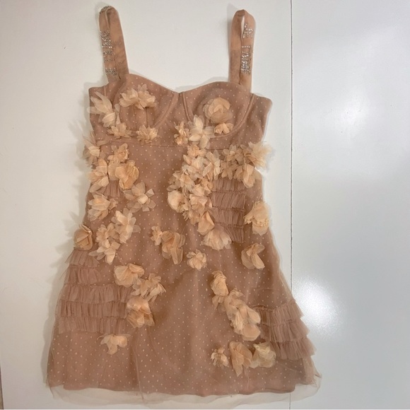 Ete Belle Pinkish Peach 3-D Floral Rhinestones Straps Je Taime Love Mesh Dress M - Picture 1 of 15
